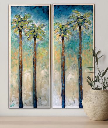 Two-panel painting of tall palm trees with blue, green, and yellow hues.