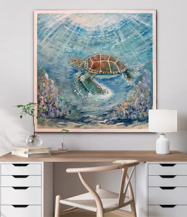 A painting of a sea turtle swimming underwater with sunlight streaming down.