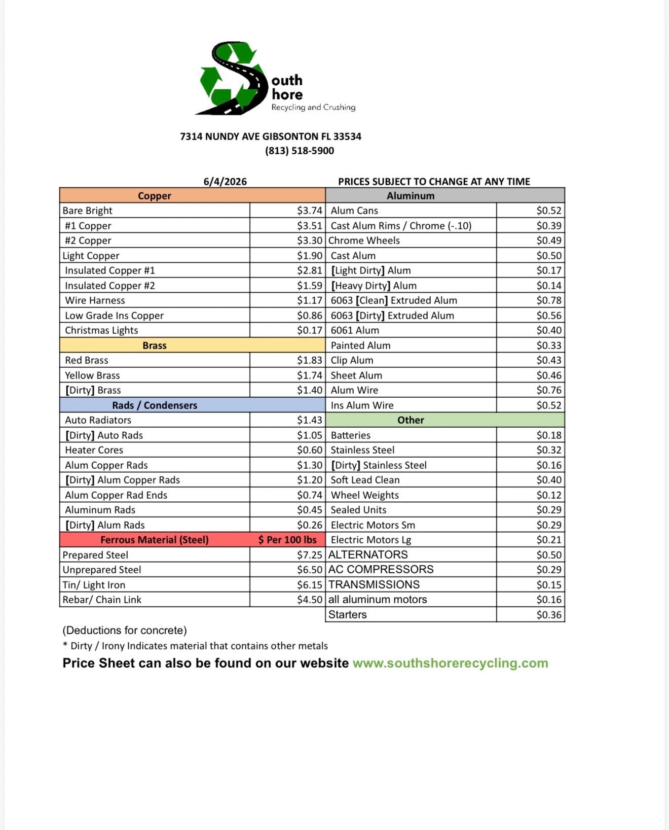 South Shore Recycling price sheet for metals and materials as of 6/4/2026.