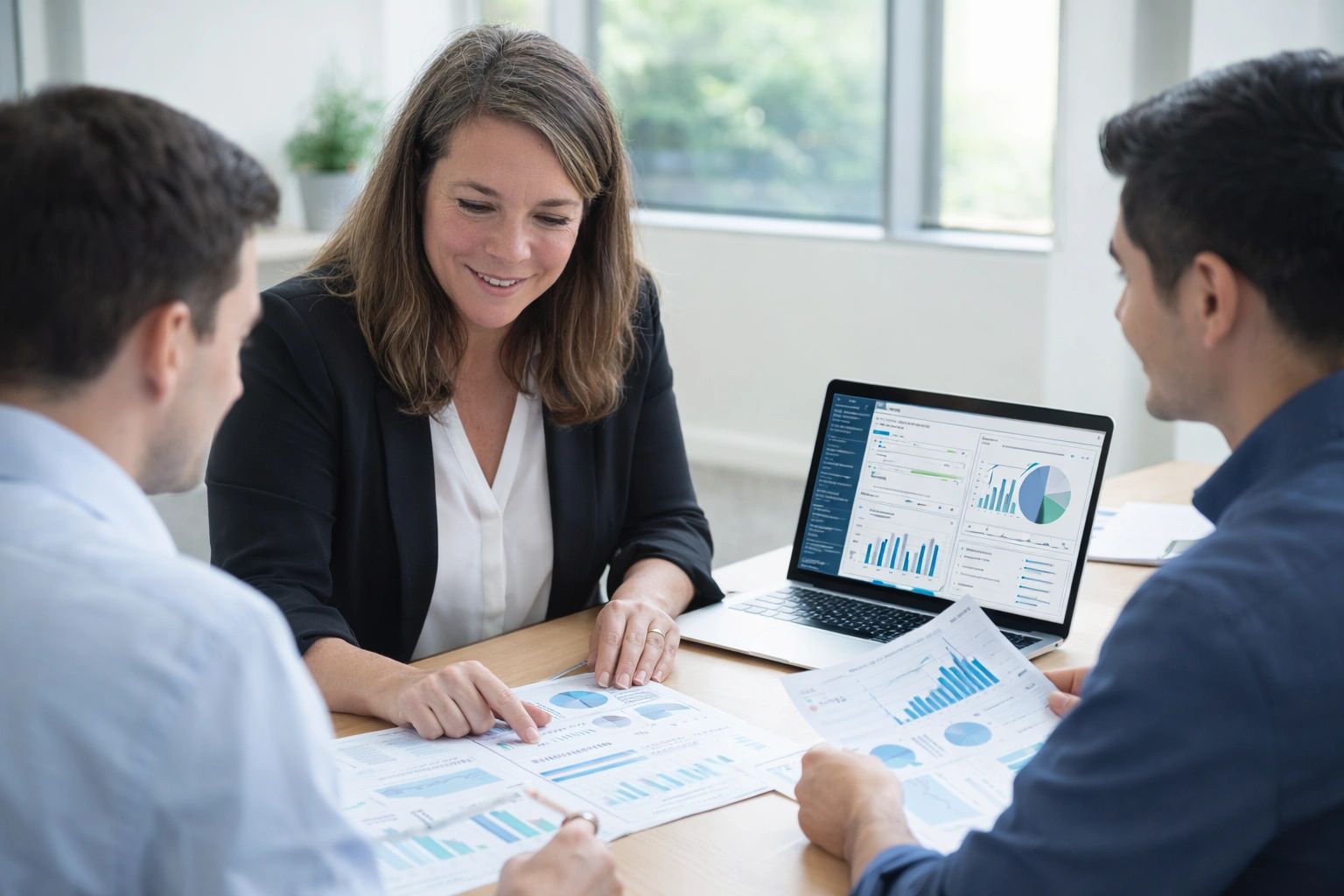 Three colleagues discussing data charts and graphs in a meeting.