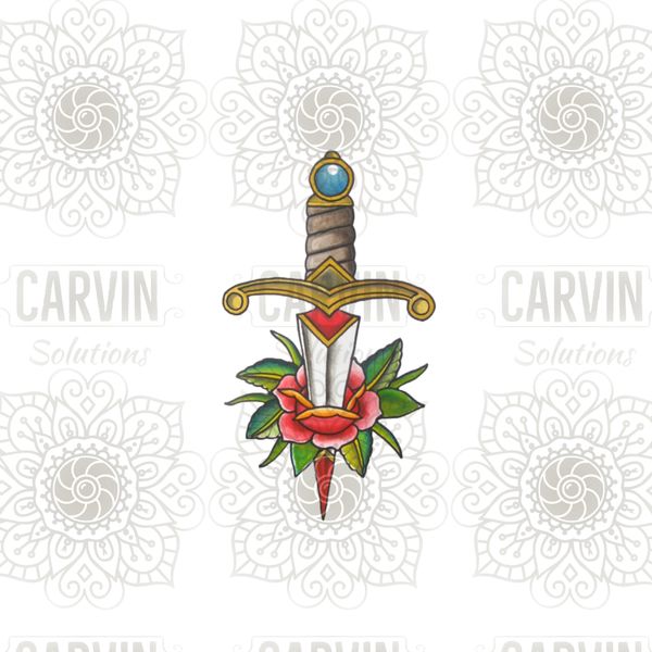 American Traditional style Dagger and Rose composition.

