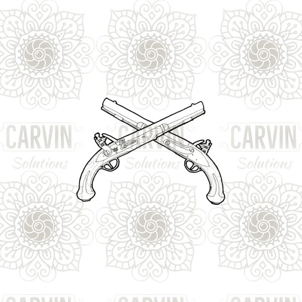 Pair of crossed Harpers Ferry flintlock pistols, drawn in detail from photograph.