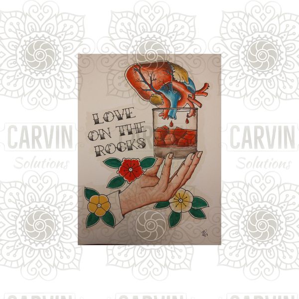 American Traditional style tattoo composition - Love on the Rocks.