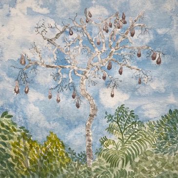 Acuarela Nido de Oropéndolas de Alicia Martínez, quien desarrolla programas de bienestar laboral. 