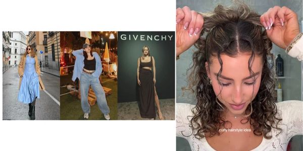 Three fashion styles and a curly hairstyle idea.