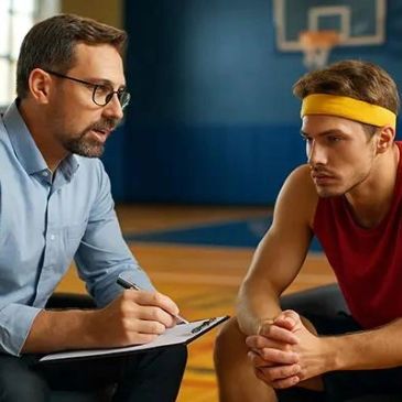 Coach advising basketball player on court.