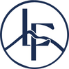 A stylish circular logo featuring the letters KF intertwined in blue and white.