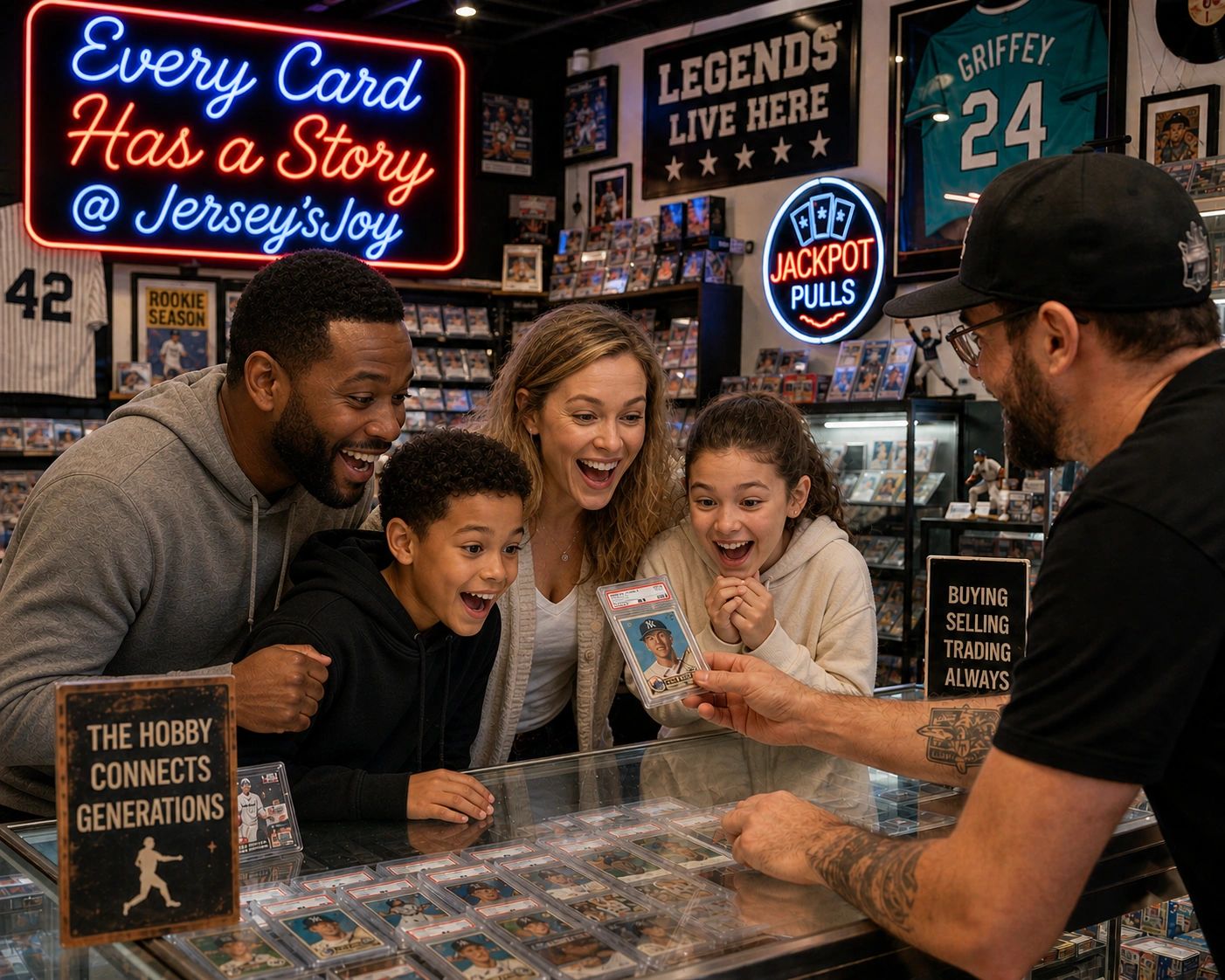 Excited Family buys a baseball card