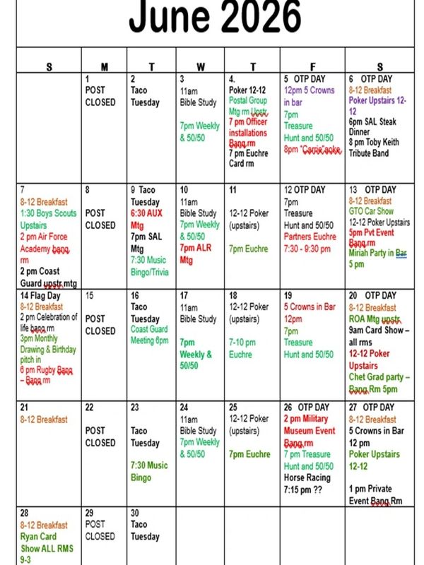 June 2026 calendar with daily events, meetings, and special activities.
