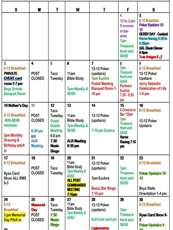 Colorful monthly calendar with events and activities scheduled.