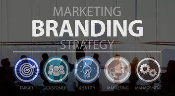 Branding marketing strategy graphic with customer, identity, target, creative icons for advertising