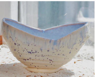 "Morning Rain" Serving Bowl, wheel thrown bowl with altered boat shape, part of rim removed and reat
