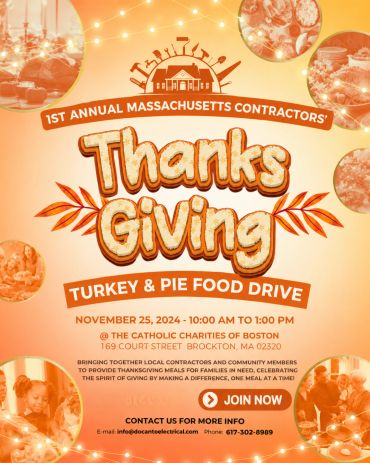Flyer for Massachusetts Contractors' Thanksgiving Turkey &amp; Pie Food Drive.