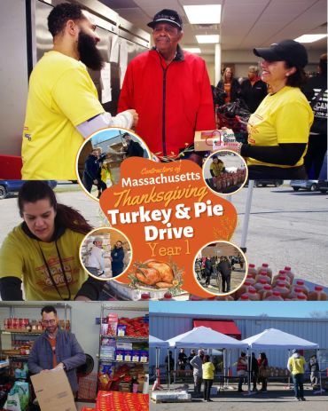 Massachusetts Thanksgiving Turkey &amp; Pie Drive Year 1 event with volunteers and community members.