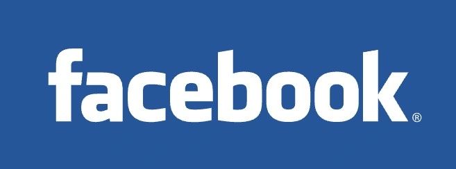 Facebook logo with white text on blue background.