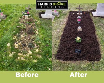 Before and after images of a freshly maintained grave plot with flowers and a cross.