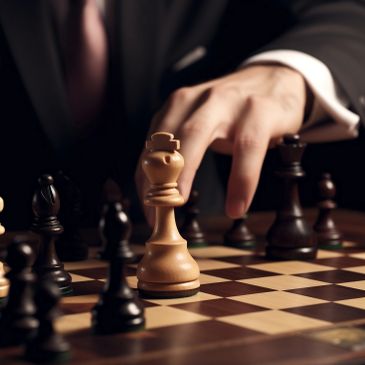 A hand moves a white king chess piece on a board.
