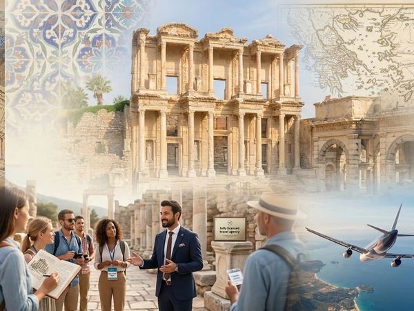 A tour guide explaining ancient ruins to a group of tourists.