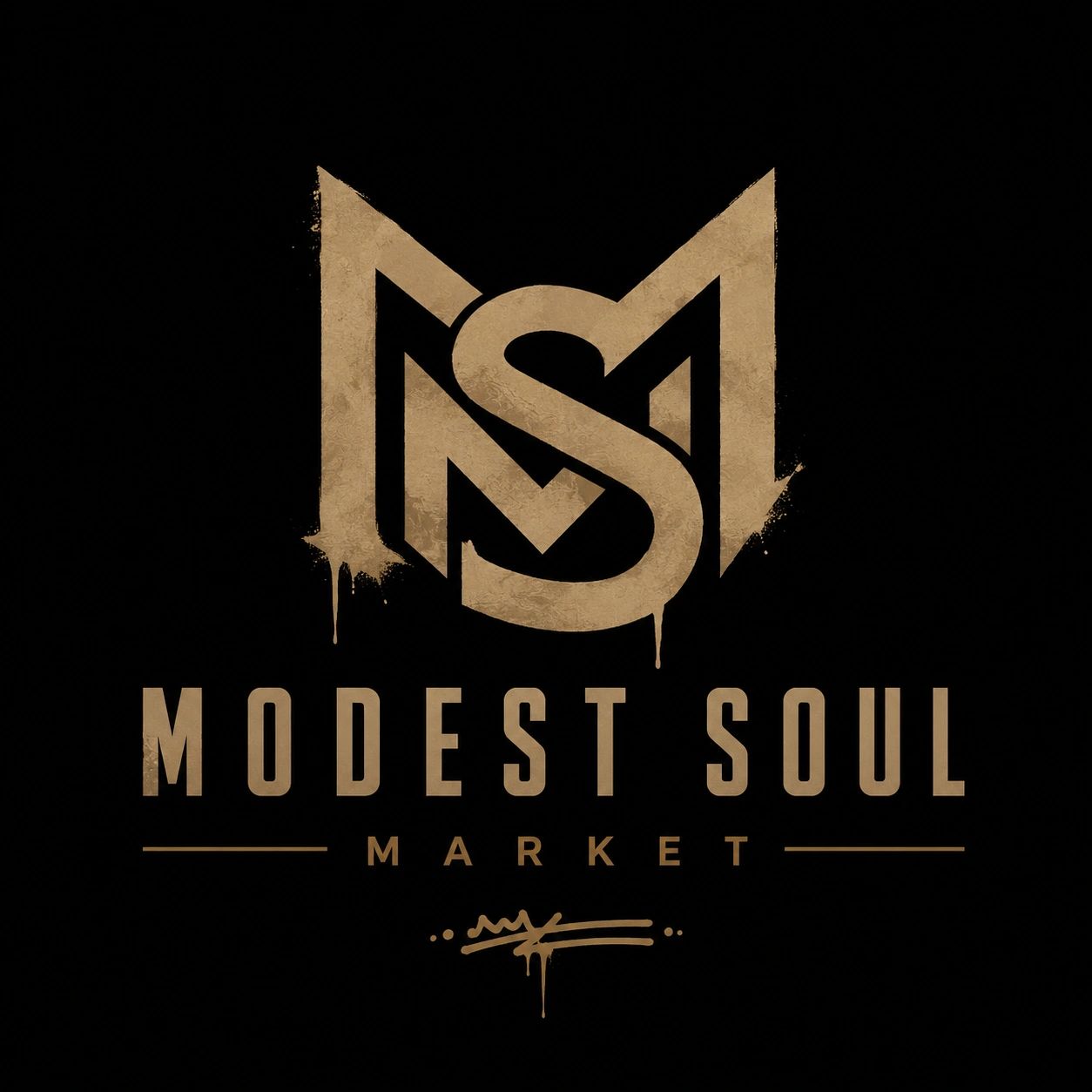 Gold and black logo for Modest Soul Market with artistic drips.
