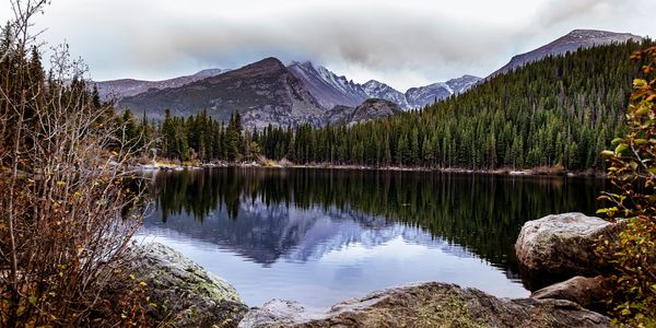 A serene mountain lake with trees and rocks.