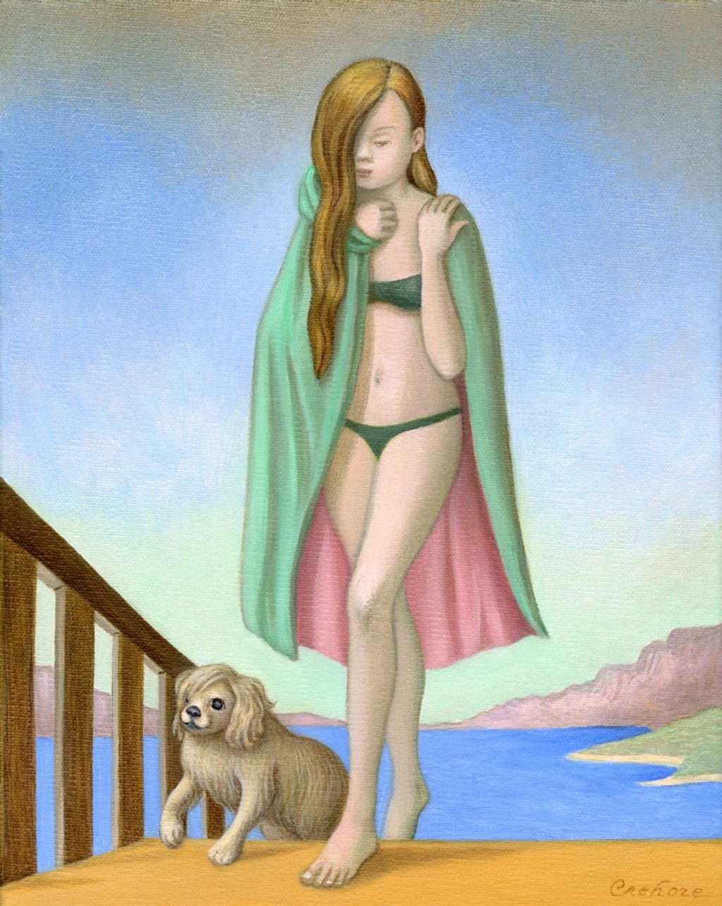 Long haired girl in cape and her dog climbing stairs at the beach