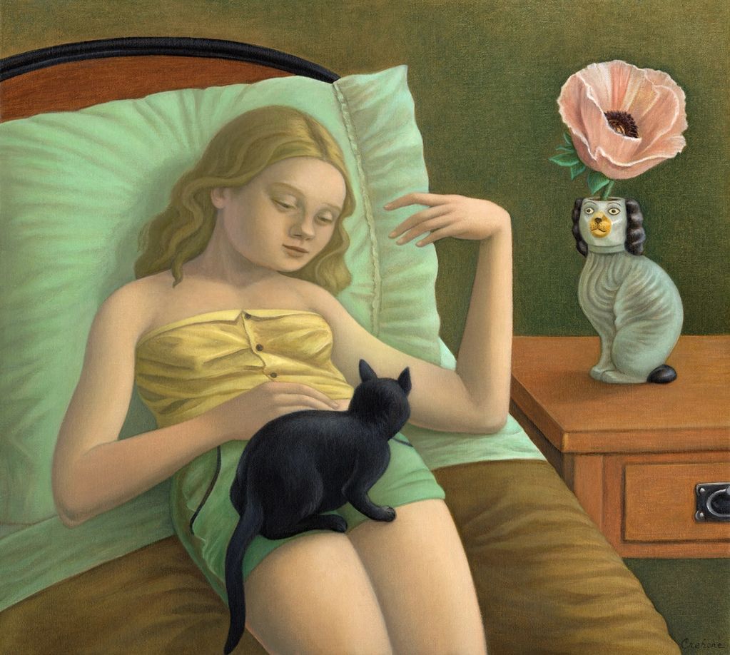 Black cat, girl in bed, pink poppy, dog vase