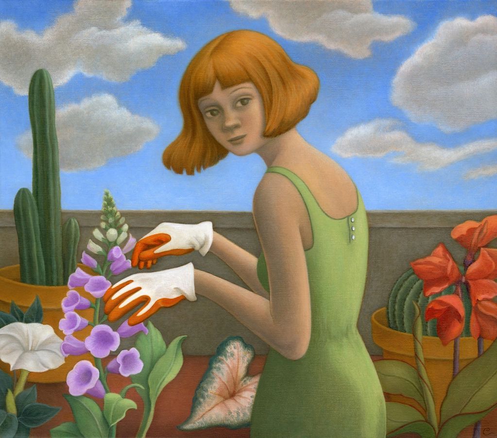 girl, gardener, plants, sky