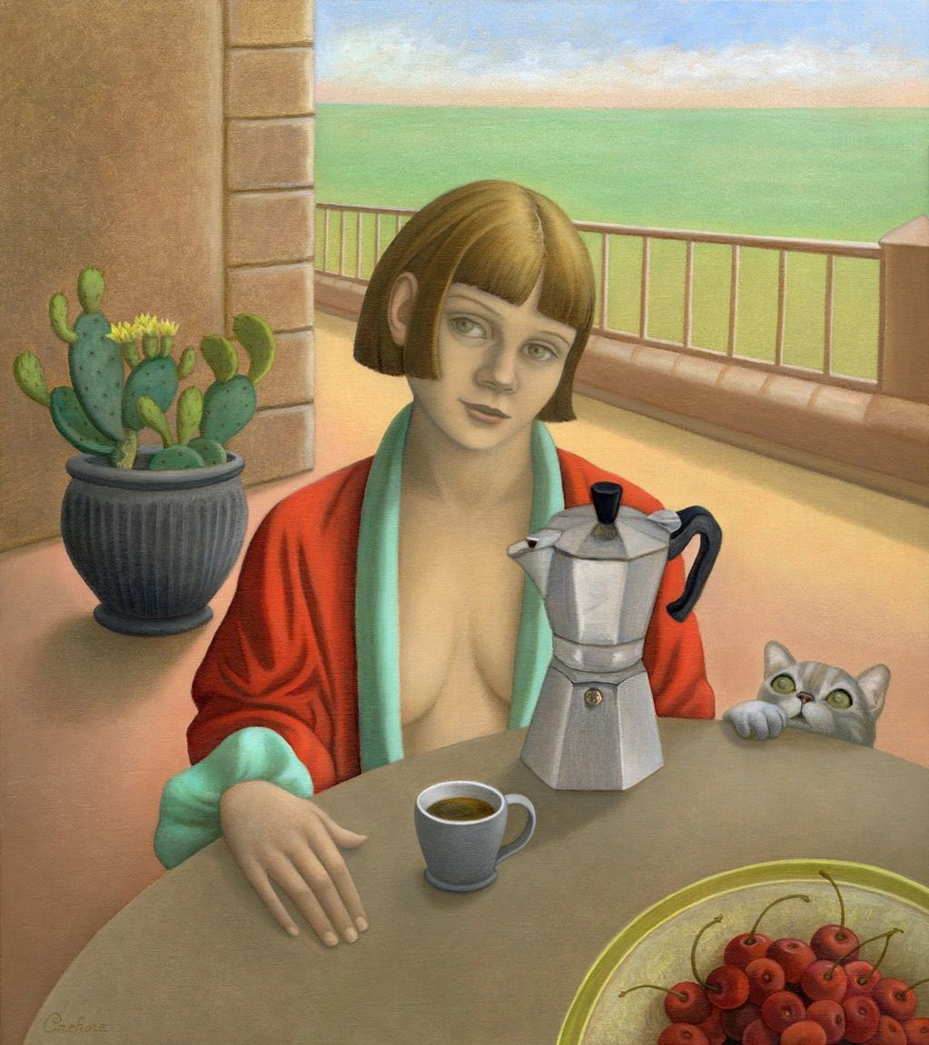 Girl with coffee pot and cat