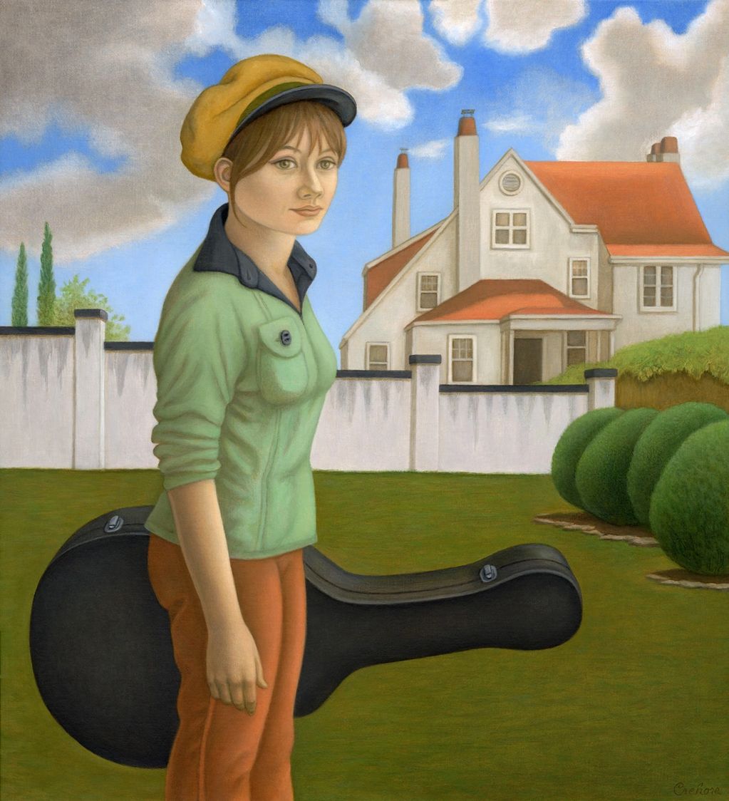 girl with hat and guitar case, house in background