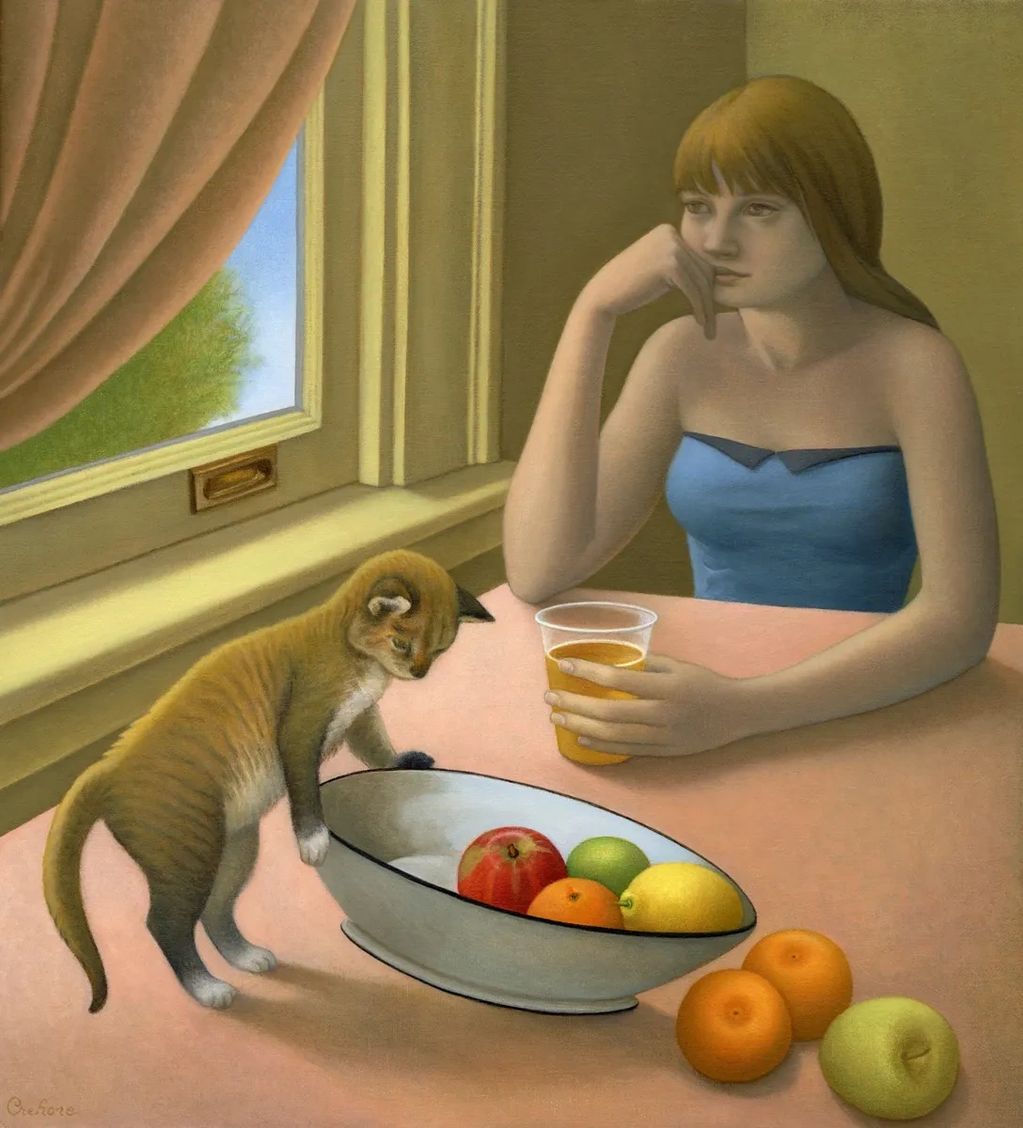 Fruit bowl, cat, girl with beer