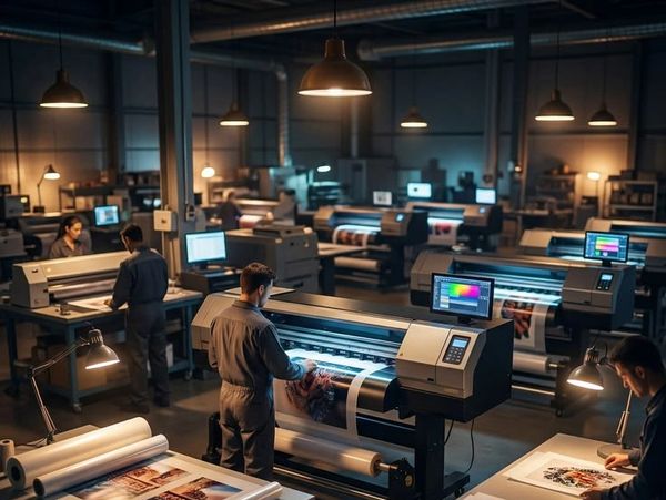 Workers operate large printers in a busy printing facility at night.