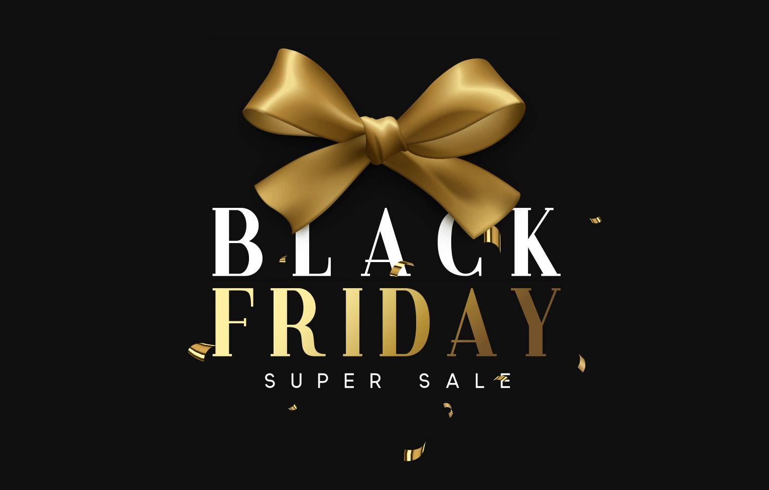 Elegant Black Friday super sale banner with gold bow and confetti.