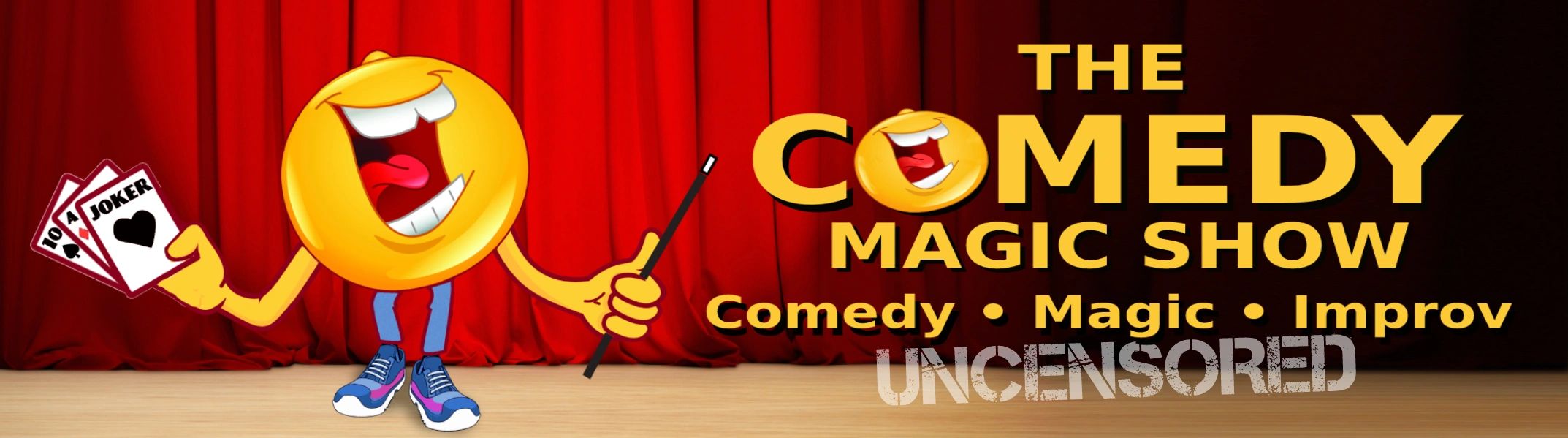 Animated smiley with playing cards and magic wand on stage promoting a comedy magic show.