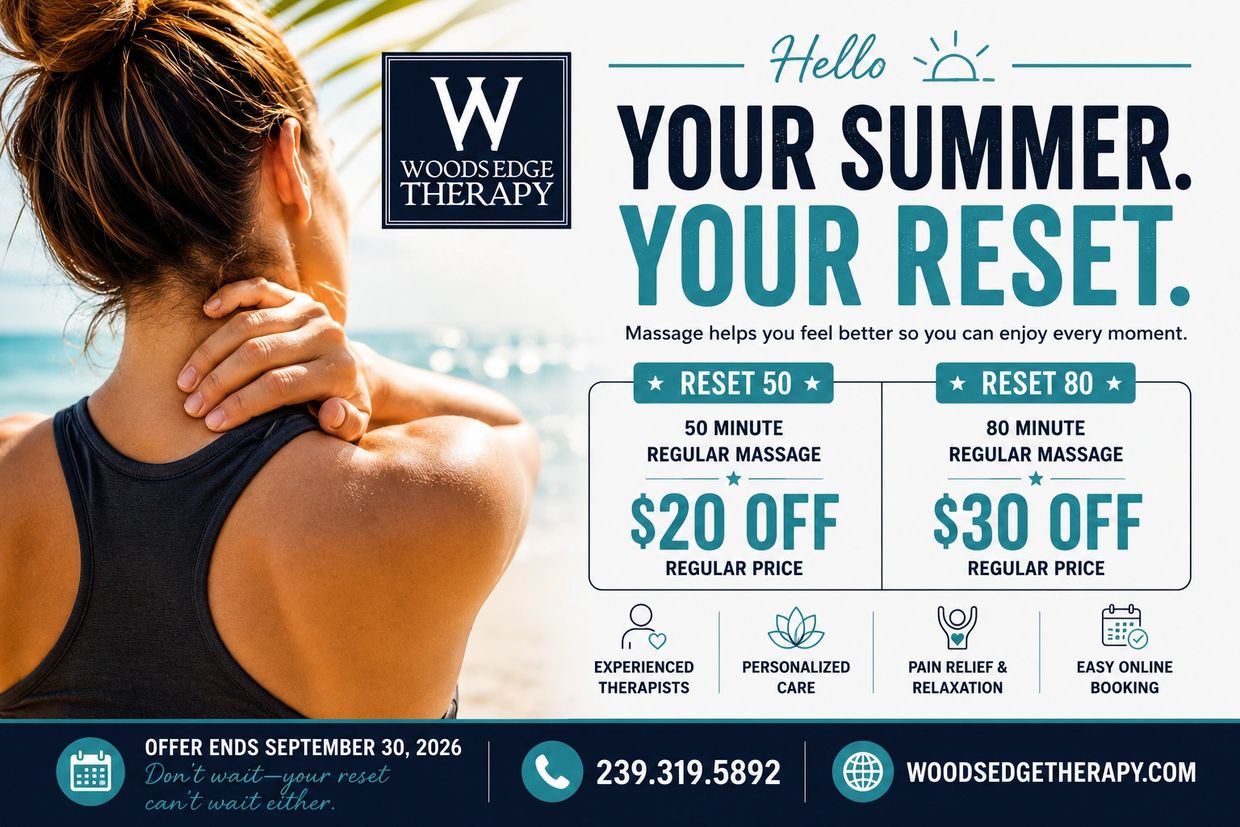 Woman holding neck with massage therapy discount offer from Woods Edge Therapy.