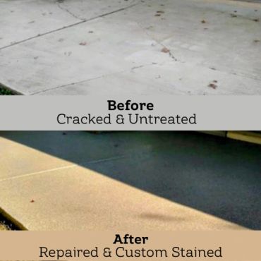 Before and after images showing cracked concrete repaired and custom stained.