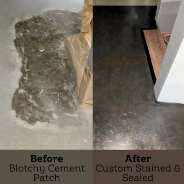 Before and after photos of a blotchy cement patch transformed with custom staining and sealing.