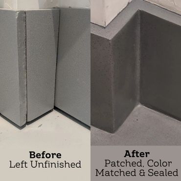 Before and after photos of a patched, color-matched, and sealed corner.
