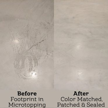 Before and after floor restoration with color matching and sealing.