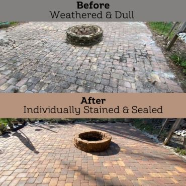 Before and after images of a weathered stone patio restored by staining and sealing.