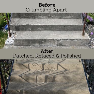 Before and after photos of concrete steps; cracked then polished.