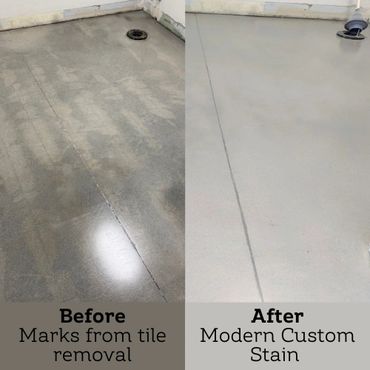 Oxidation in concrete after tile removal, stained to be beautiful.