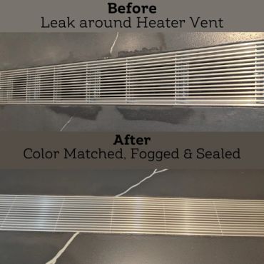 Before and after images showing a sealed heater vent with color matched repair.