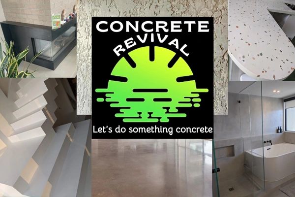 Collage showcasing modern concrete designs and renovation by Concrete Revival.