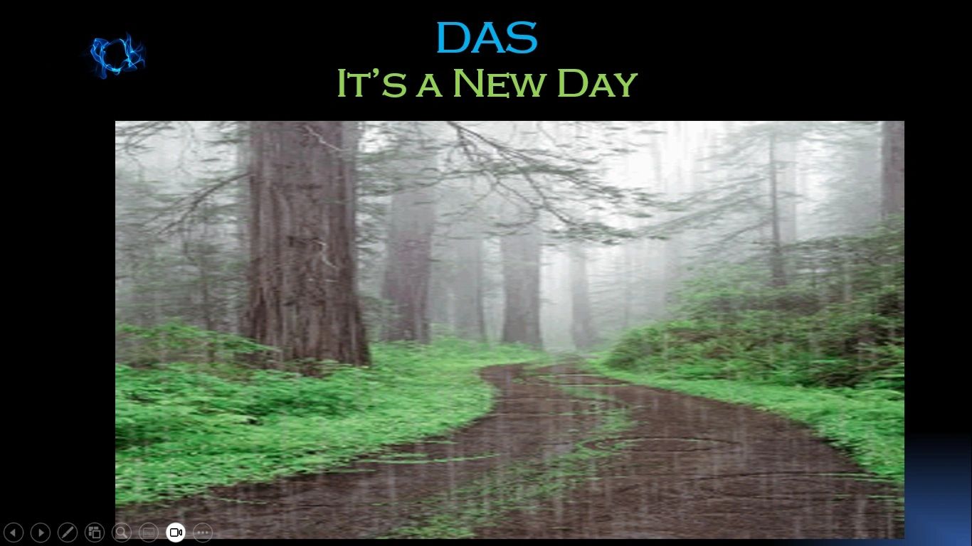 Misty forest path with rain and text 'DAS It's a New Day'.