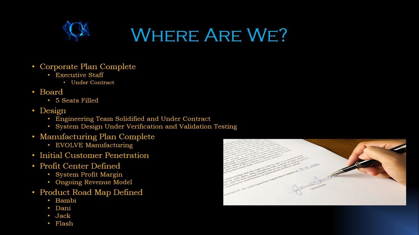 Progress update slide titled 'Where Are We?' with business milestones.