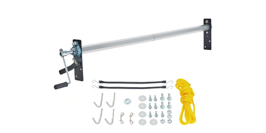 Manual winch with mounting hardware and yellow rope for lifting or pulling.