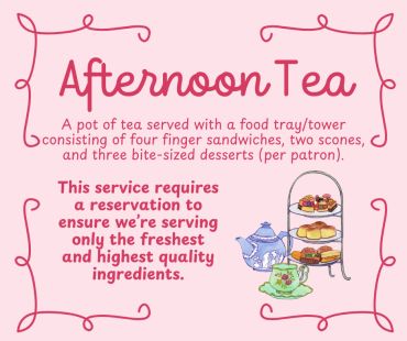 Afternoon tea service details with reservation note.