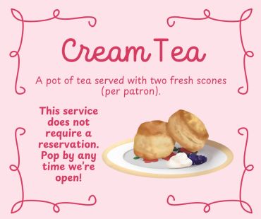 Cream Tea served with two fresh scones and preserves.