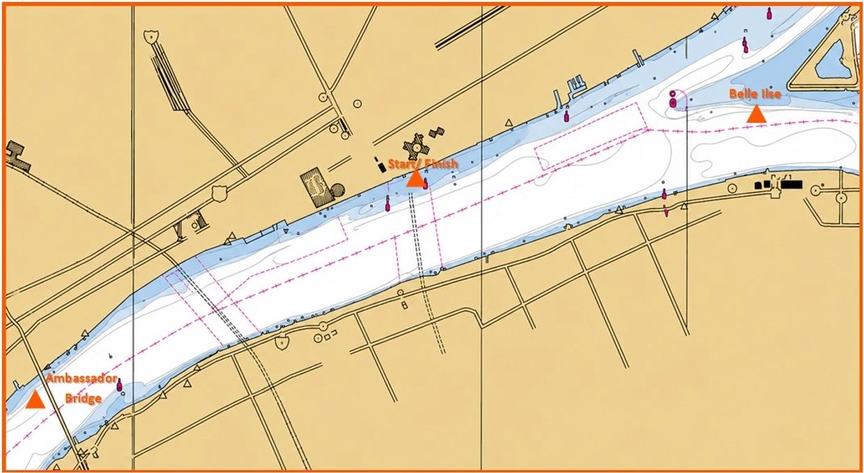Nautical map showing a waterway with marked points: Ambassador Bridge, Start/Finish, and Belle Isle.