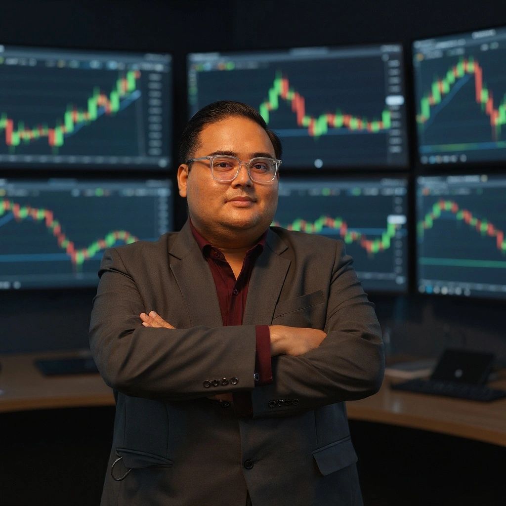 Coach Reyza standing in front of multiple trading screens showing forex charts and analysis, Forex M